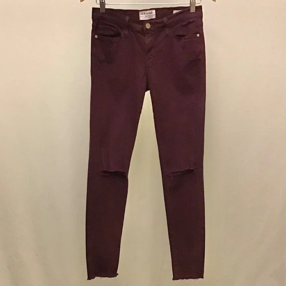 Frame 28 Le Skinny De Jeanne Mahogany Rips Women’s Skinny Burgundy Jeans Distres